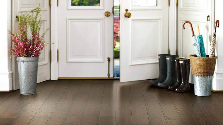 luxury vinyl flooring in door entrance with white doors and shoes
